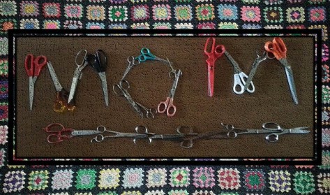 My sister and I found scissors everywhere... scissors we could never find when we needed them, of course. These are a sampling, with a backdrop of the afghan I saved.